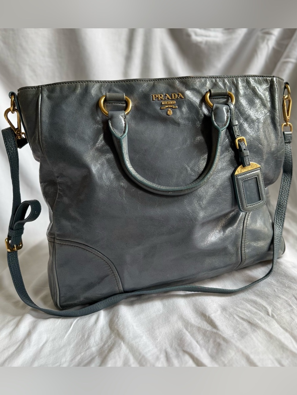 PRADA Large Vitelli Shine 2-Way Tote Blue-Gray